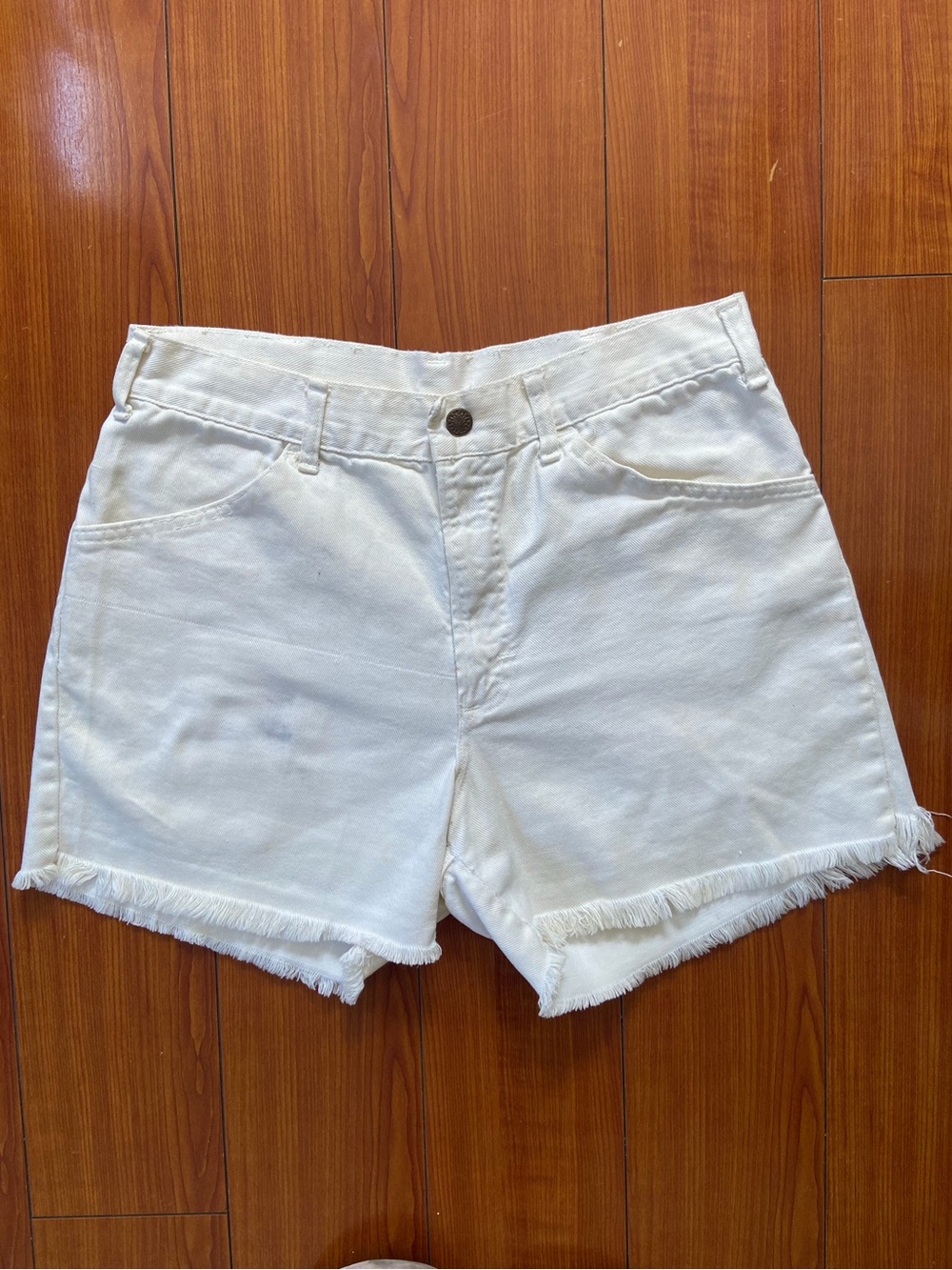 High-Rise White Frayed Hem Jean Shorts